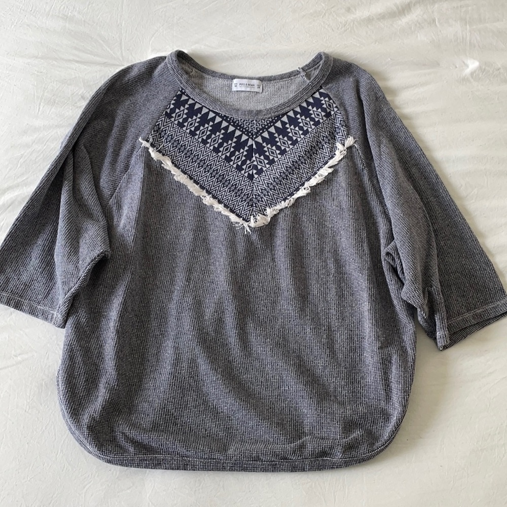 Pull & Bear Short Sleeve Blue & White Fringe Short Sleeve Top